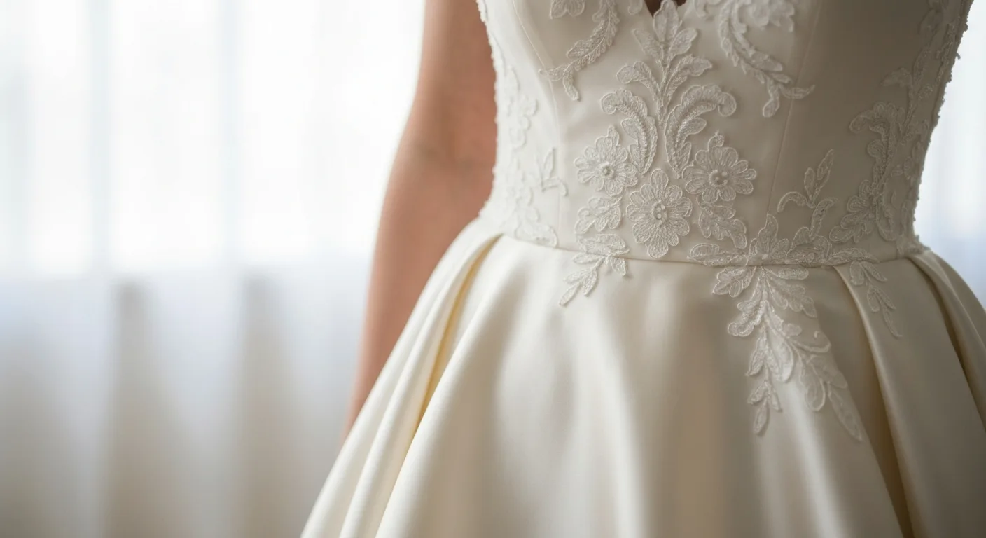 Vestido de novia colgado antes de la ceremonia