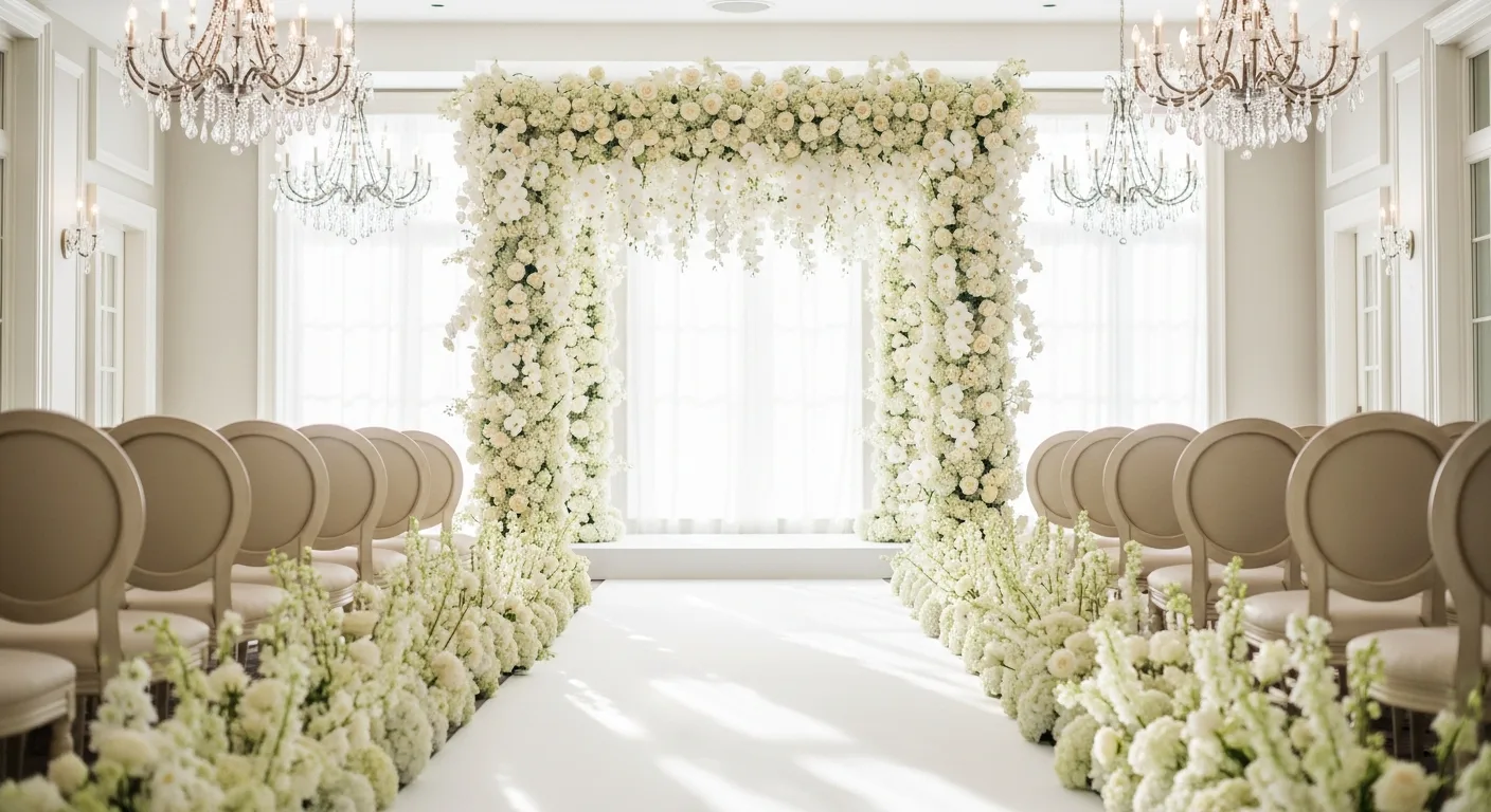 Pasillo de ceremonia decorado con flores blancas